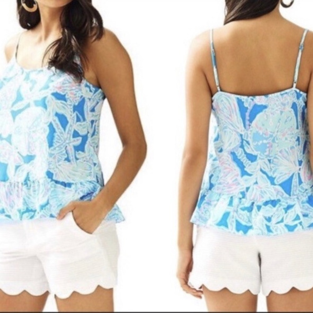Lilly Pulitzer Sz L Coral Top- Bay Blue Into The Deep Ruffle Hem Spaghetti Strap